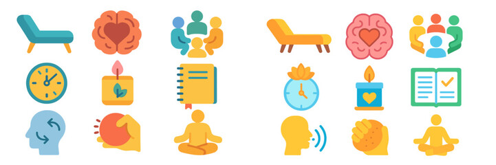 Diverse icons representing mental health activities, mindfulness techniques, and community support during the day