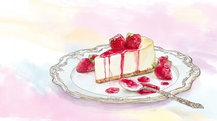 A slice of strawberry cheesecake on an elegant plate, surrounded by fresh strawberries 