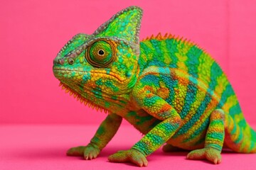 Obraz premium A colorful chameleon on a pink background