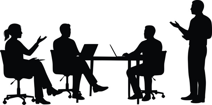 Silhouette professional meeting scene with four people seated at a table and one person standing and leading the discussion