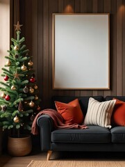 A cozy living room a large blank frame on a rustic wooden wall. A Christmas tree with vintage ornaments stands next to a black red sofa knitted pillows,mockup frame is decorated with natural elements 