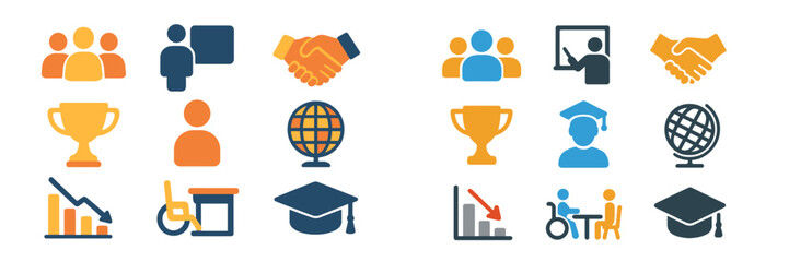 Visual representation of teamwork, education, and global connections through diverse symbols and icons