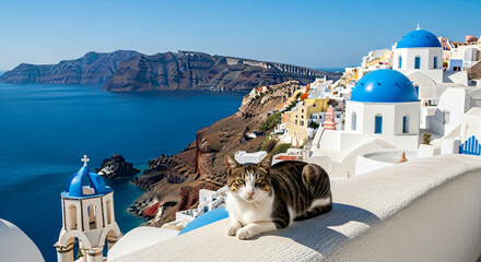 A cat sits on a wall with Santorini's blue-domed buildings and the sea in the background.