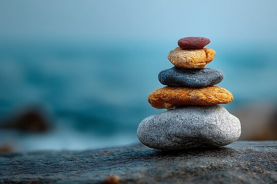 Vibrant soft focus golden pebbles stacked blue water background  
