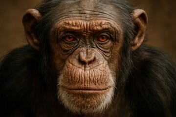Naklejka premium A close up of a chimpanzee's face looking at the camera