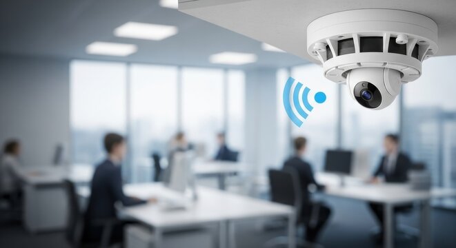 Security camera with wireless signal icon monitoring blur office with people. Cyber surveillance and privacy concept for modern business. - Powered by Adobe