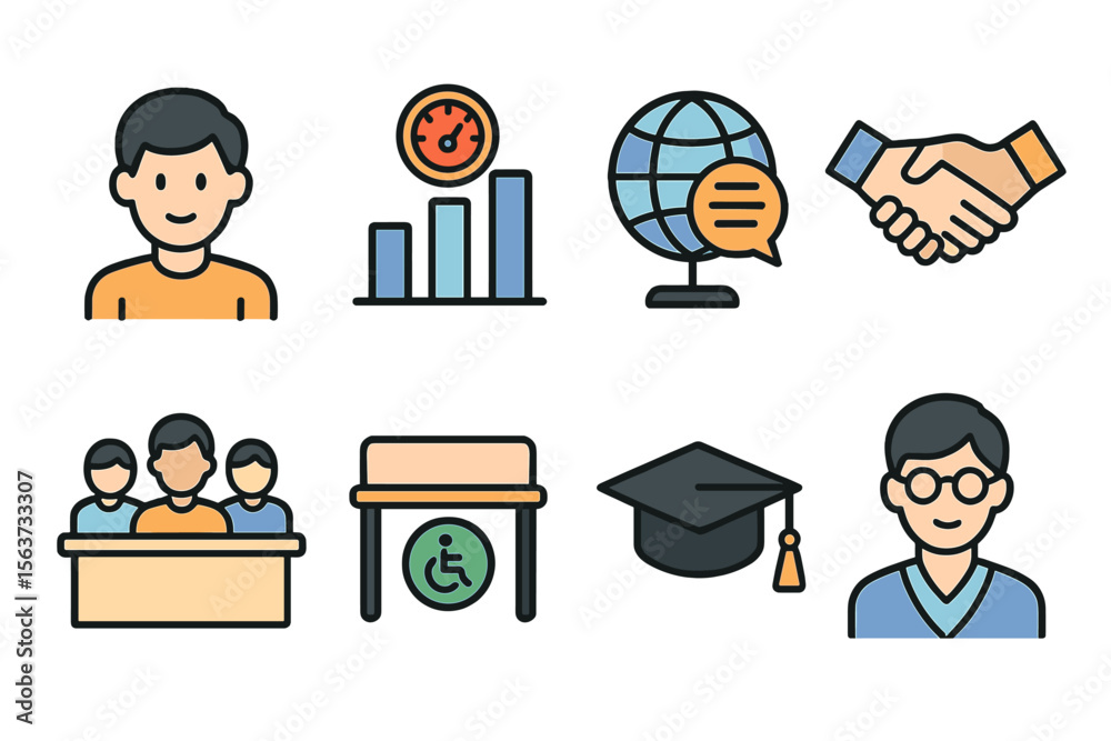 Poster illustration of various educational and collaborative concepts featuring people, graphs, and symbols