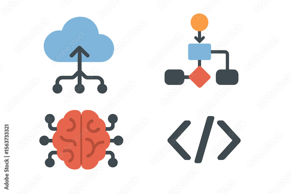 Leinwandbilder modern technology integration illustrated through cloud computing, brain networks, flowcharts, and c