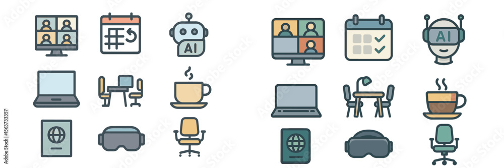 Poster collection of digital icons representing technology, productivity, and artificial intelligence at a 