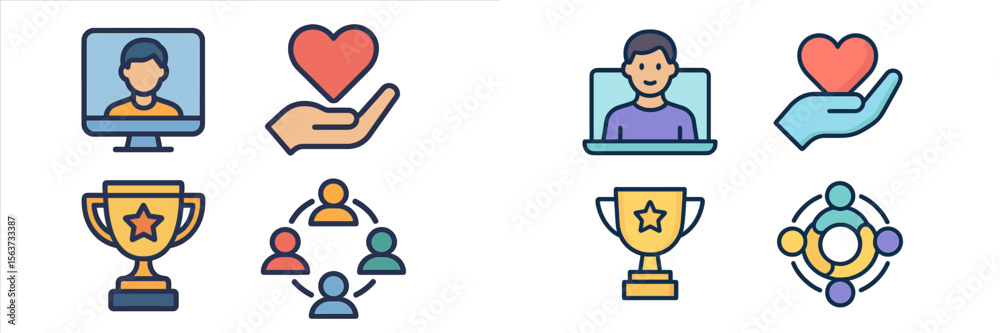 Poster illustrations depicting online connection and community engagement through virtual interactions, hig