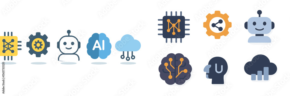 Poster Modern technology icons represent artificial intelligence and cloud computing advancements in a simple design layout