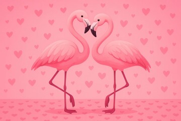 Obraz premium Two pink flamingos standing next to each other in front of hearts
