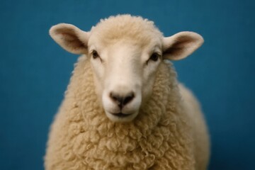 A close up of a sheep with a blue background