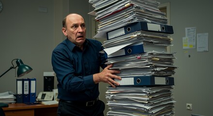 Overwhelmed office worker struggles under a massive stack of paperwork, his worried expression reflecting the pressure of his workload.