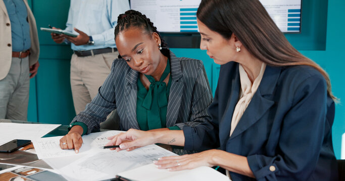 Documents, finance or women in meeting for reading, performance results or sales portfolio. Research, strategy or financial analysts with paperwork and project notes for teamwork, trends or planning - Powered by Adobe