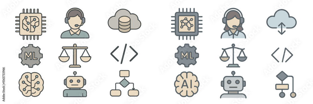 Poster Modern technology icons showcasing machine learning, artificial intelligence, and data processing concepts in a minimalist design