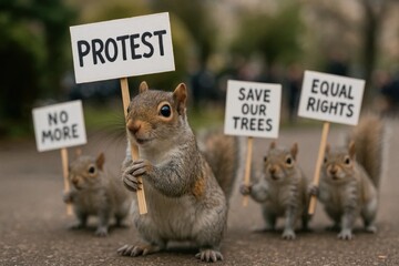 A group of squirrels holding signs that say protest and save our trees