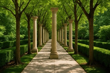 Obraz premium A walkway lined with columns in the middle of a lush green park