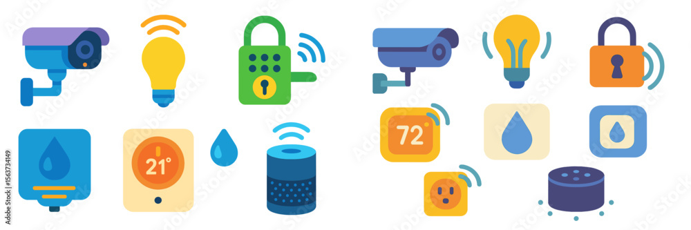 Poster smart home icons representing various connected devices for security, lighting, and climate control