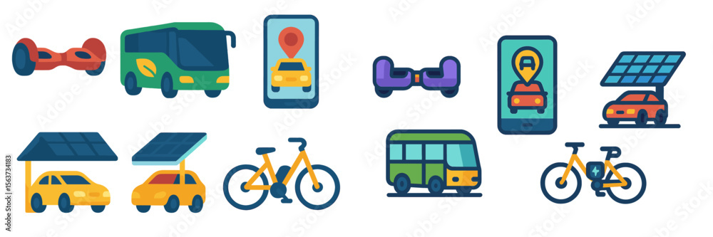 Poster Innovative transportation icons representing various mobility options and usage of technology for urban commuting solutions