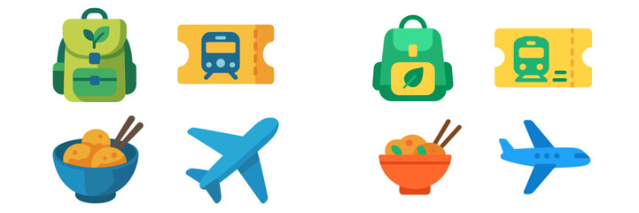 Colorful travel and food icons representing journeys and culinary experiences