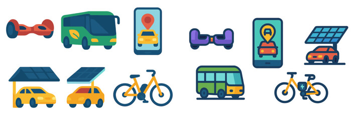 Innovative transportation icons representing various mobility options and usage of technology for urban commuting solutions