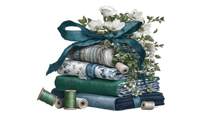A stack of pastel fabrics tied with ribbon, surrounded by spools of thread and buttons 