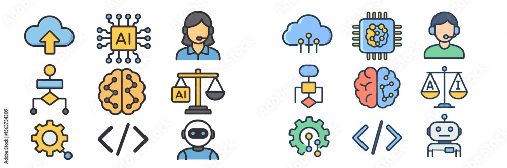 Poster Vector icons representing artificial intelligence, technology, and support in a modern workspace setting