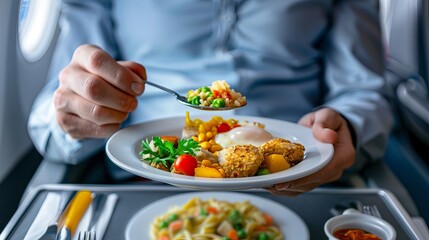 A male passenger enjoys a gourmet in-flight meal featuring vegetables and chicken, highlighting the comfort of air travel dining.