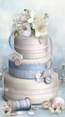 Fototapeta premium A stack of fabric with ribbons, spools, and buttons in pastel colors