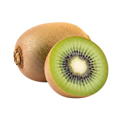 A whole kiwi fruit and a perfectly sliced kiwi fruit revealing its vibrant green flesh and black seeds isolated on transparent background