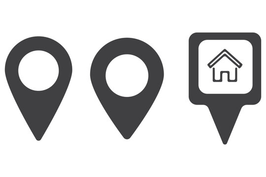 location icon, map pin icons in outline, black, and red styles. for maps, GPS, navigation apps, location markers, address indications, and geolocation interfaces 