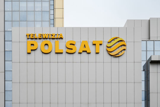 Telewizja Polsat logo sign at the headquarters builiding on Ostrobramska 77 street. Polish media company, TV station network, broadcaster of television channels on March 24, 2025 in Warsaw, Poland.