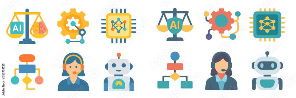 Poster Icons representing artificial intelligence concepts, including balance, workflows, and robotic figures in a colorful design