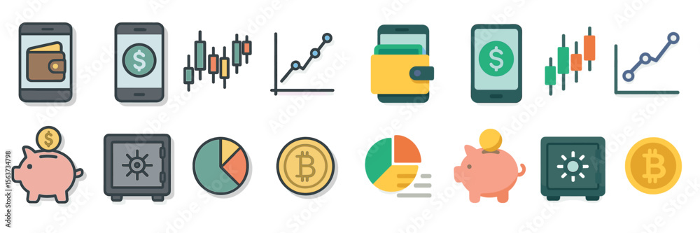 Poster Digital finance icons including wallets and currencies representing modern banking concepts in a minimalistic style