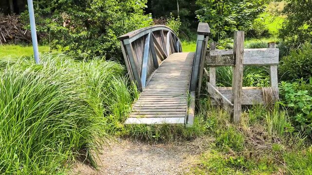 Footbridge over the Miternacher Ohe in the Bavarian Forest Germany.