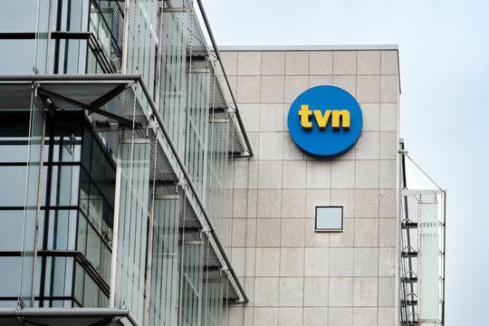 TVN station logo sign at headquarters building on Wiertnicza street. Polish media company, television channel broadcaster, by Warner Bros, Discovery group on March 24, 2025 in Warsaw, Poland.