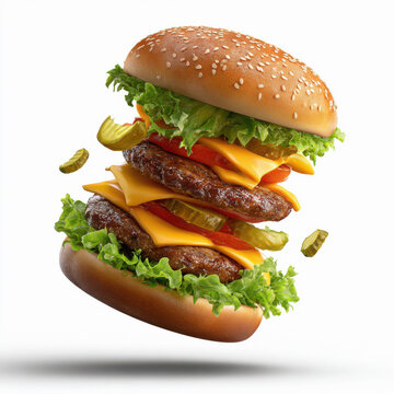 flying burger on white background