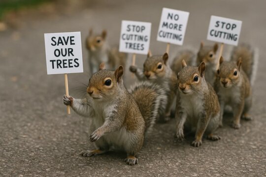 A group of squirrels holding signs that say save our trees