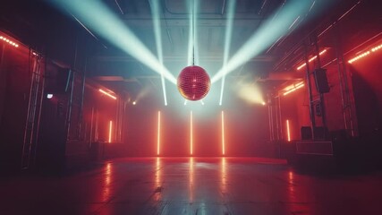 Retro club vibe with disco ball and stage lights in a large space - Powered by Adobe