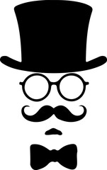 Gentleman Face Silhouette Vector, Vintage Man Icon Design, Top Hat Mustache Vector Art, Retro Gentleman Face Graphic, Old Fashioned Man Silhouette, Classic Hat and Mustache Vector, Beard and Glasses M