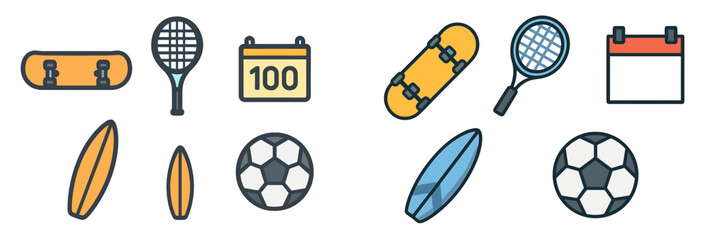 Colorful sports icons featuring tennis, skateboarding, surfing, and soccer themed designs for energetic activities and events