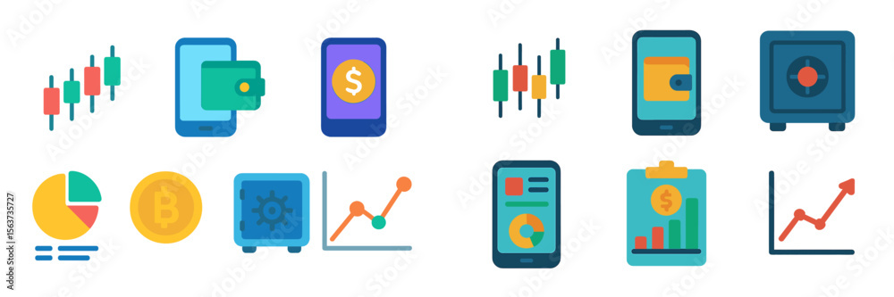 Poster financial technology icons representing various aspects of digital currency and investment strategie
