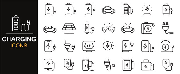 Collection of eco-friendly charging icons, including electric vehicle charging, battery power, and solar energy symbols.