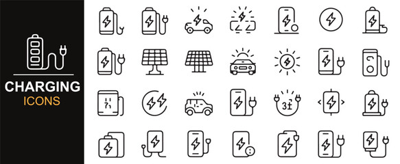 Clean and minimalistic icons depicting charging stations, solar power, and battery energy for energy-efficient design needs.