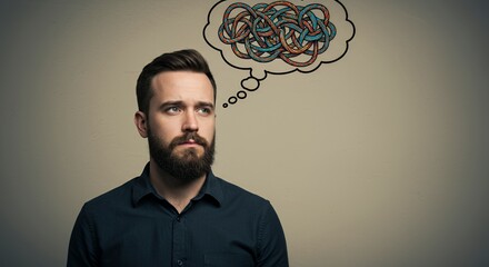 Man contemplates a tangled thought process, symbolized by a knotted rope in his mind, reflecting on complex problems and decision-making.