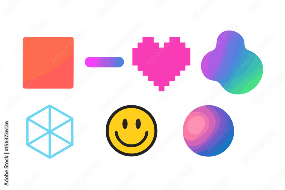 Poster Colorful abstract shapes and symbols displayed on a white background showcasing creativity and design concepts for digital art