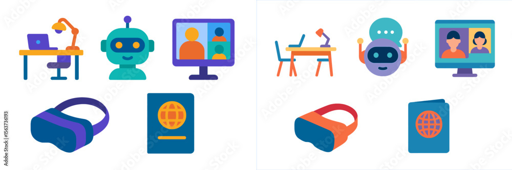 Poster exploring technology and innovation in a modern workspace with interactive elements and virtual expe