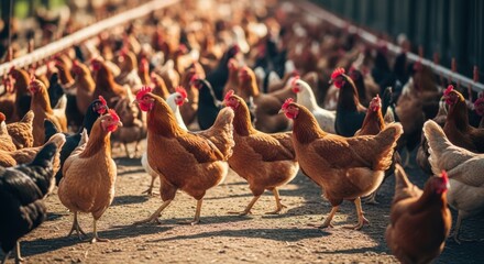 A Flock of Healthy Chickens Grazing in the Sun