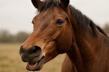 Fototapeta premium A brown horse with its mouth open in a field
